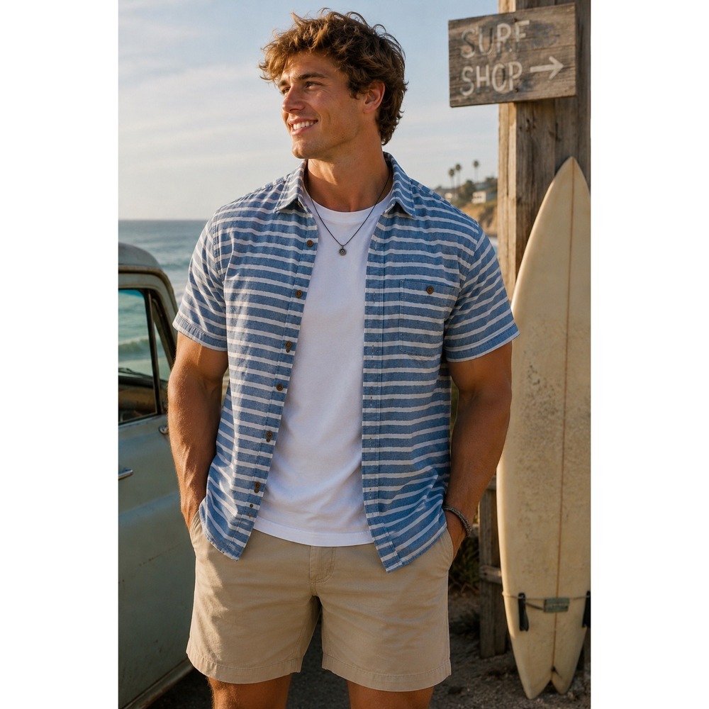 American Eagle Striped Short Sleeve Button Down‎ Hamptons Coastal Beachy Sz XXL